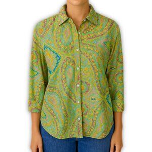 Lauren Ralph Lauren Paisley Button Front Shirt Green Cotton Plus Size 1X